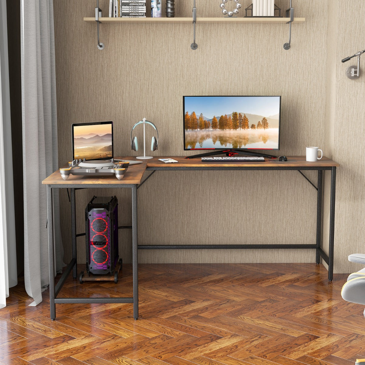L-Shaped Desk with CPU Stand & Heavy-duty Metal Frame