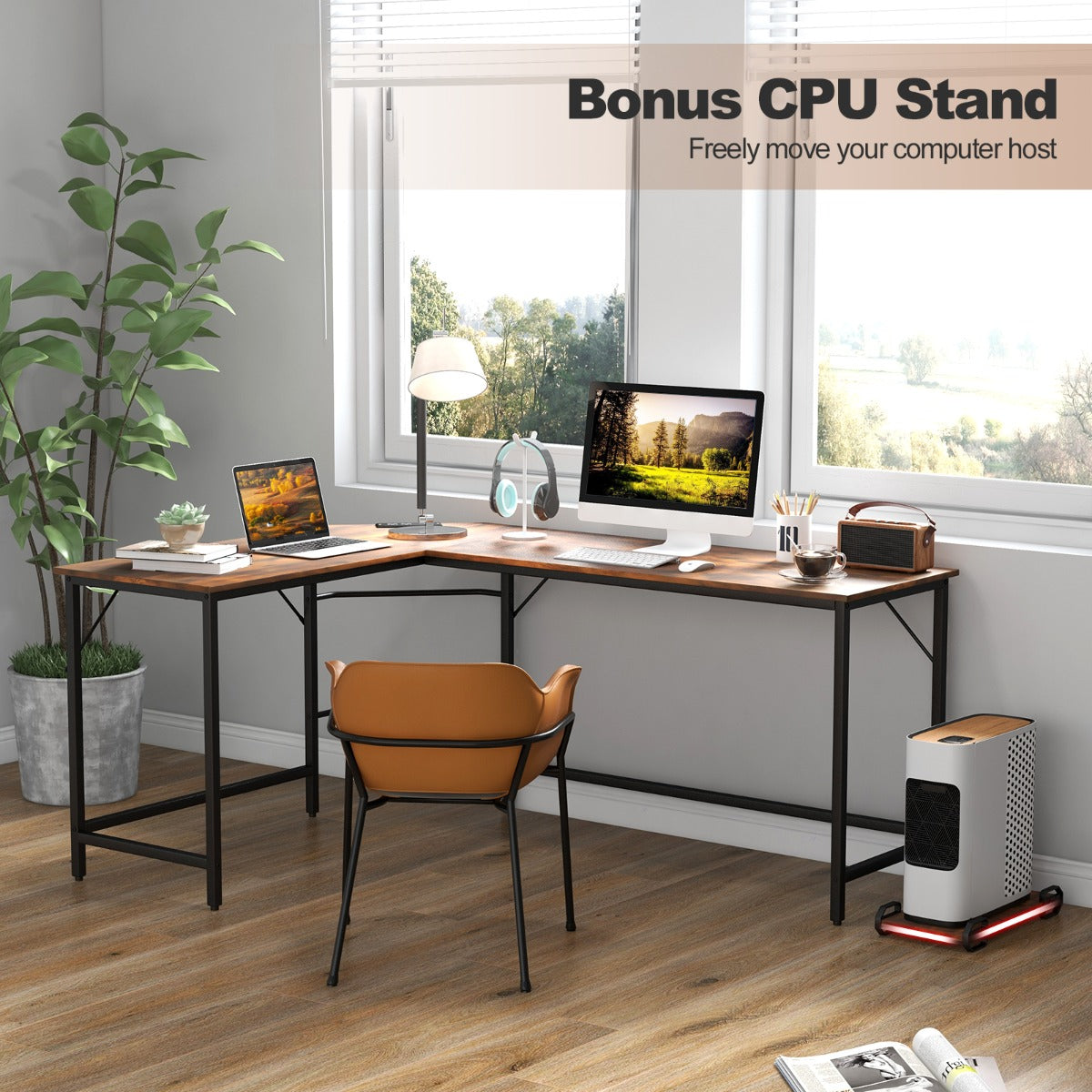L-Shaped Desk with CPU Stand & Heavy-duty Metal Frame