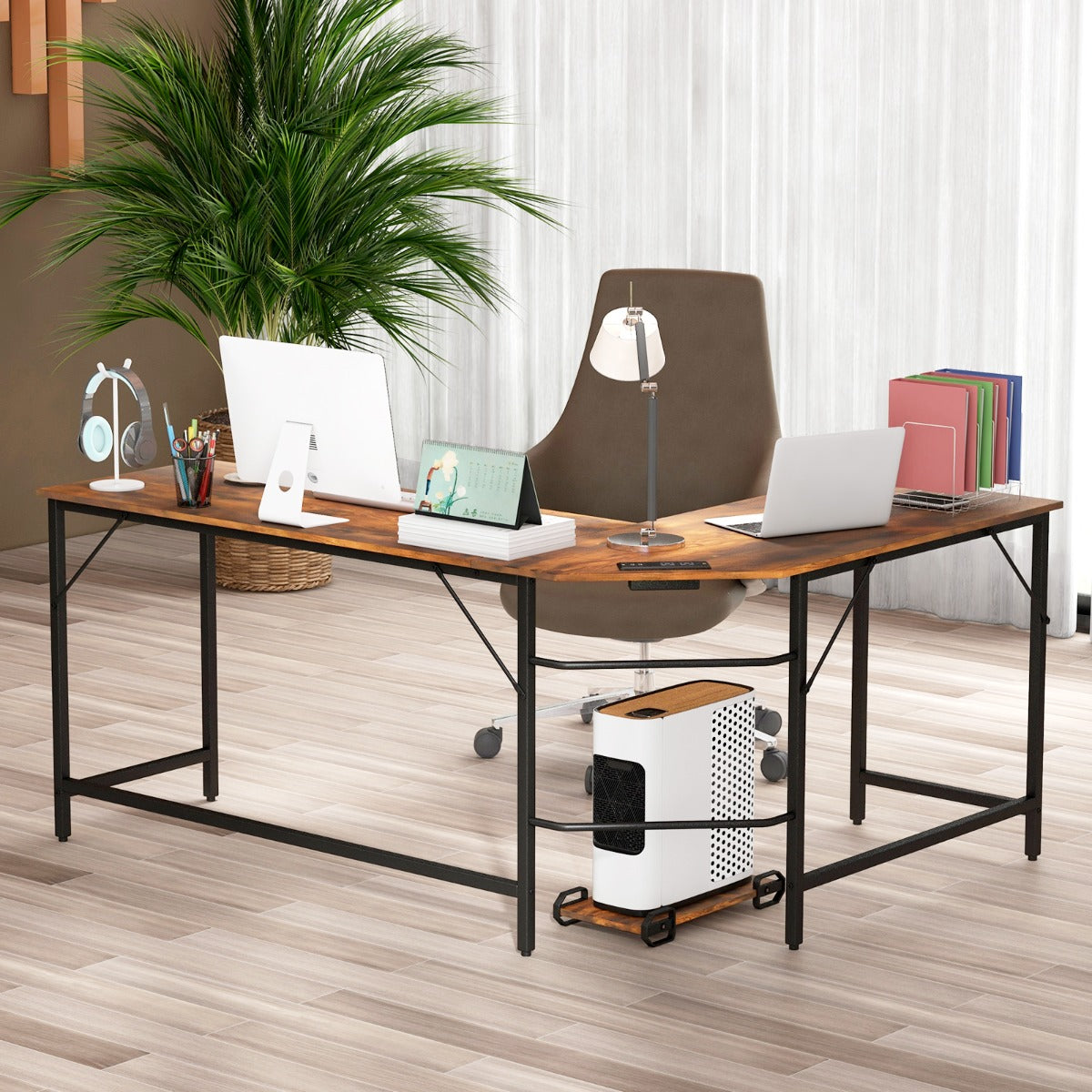 L-Shaped Desk with CPU Stand & Heavy-duty Metal Frame
