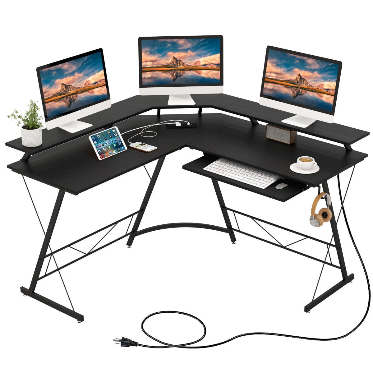 L-shaped Computer Desk with Power Outlet for Home Office