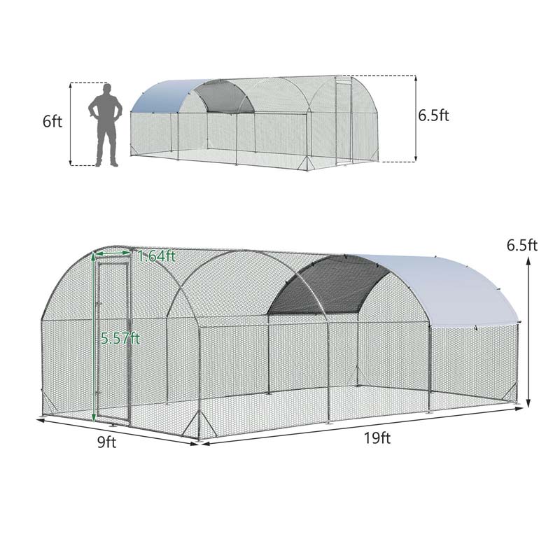 19FT Large Metal Chicken Coop Hen Run House Walk-in Dome Poultry Rabbits Cage with Waterproof Cover