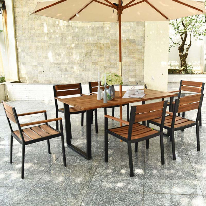 7 Pieces Outdoor Patio Acacia Wood Dining Table Set with Umbrella Hole