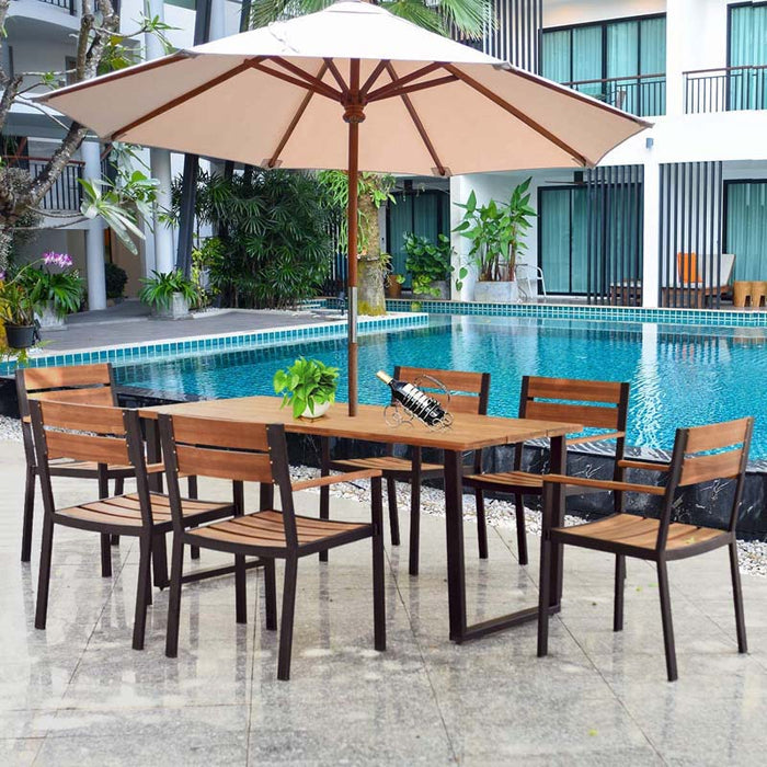 7 Pieces Outdoor Patio Acacia Wood Dining Table Set with Umbrella Hole
