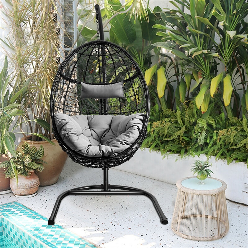 Outdoor Hanging Egg Chair Patio Swing Chair with C Hammock Stand and Soft Cushion
