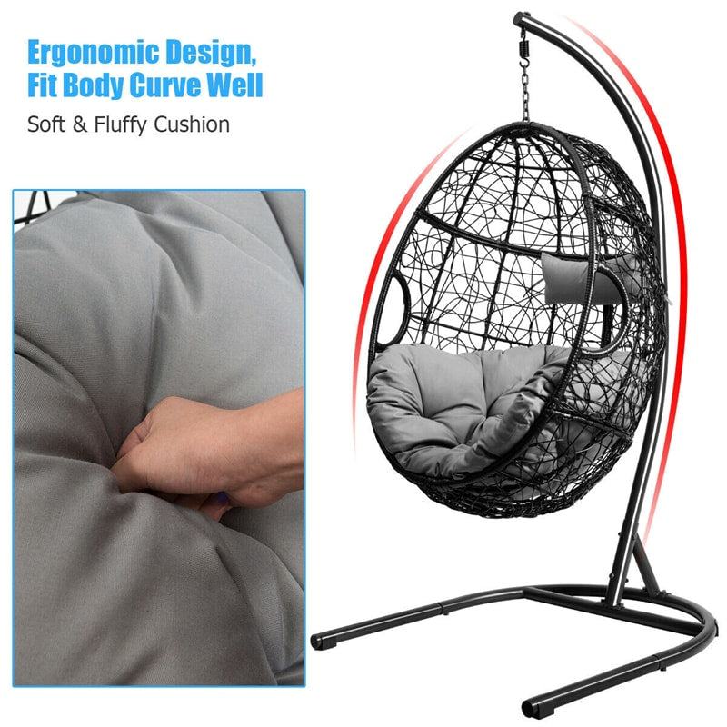 Outdoor Hanging Egg Chair Patio Swing Chair with C Hammock Stand and Soft Cushion