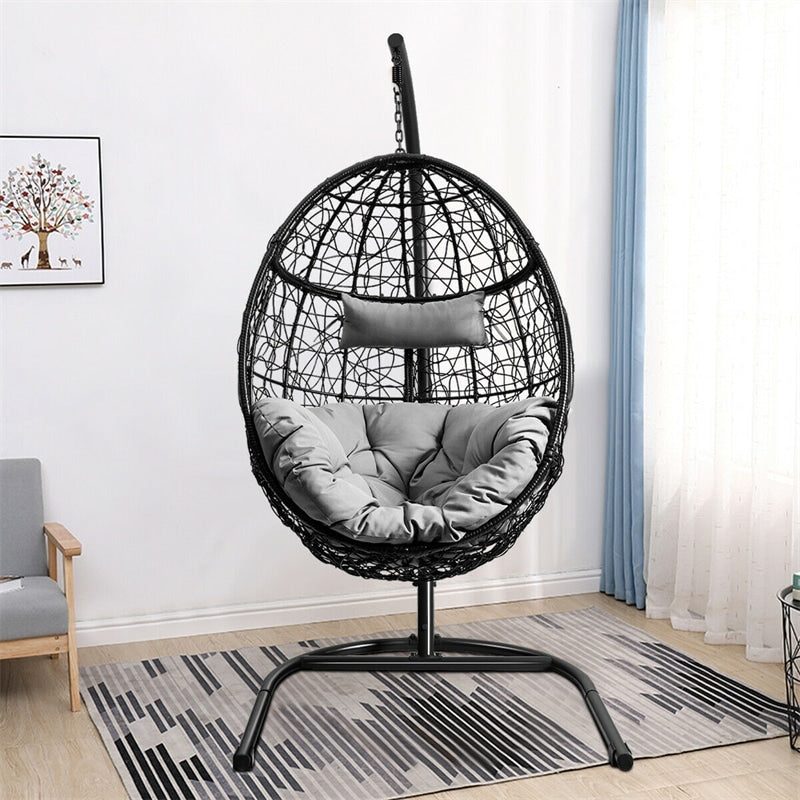 Outdoor Hanging Egg Chair Patio Swing Chair with C Hammock Stand and Soft Cushion