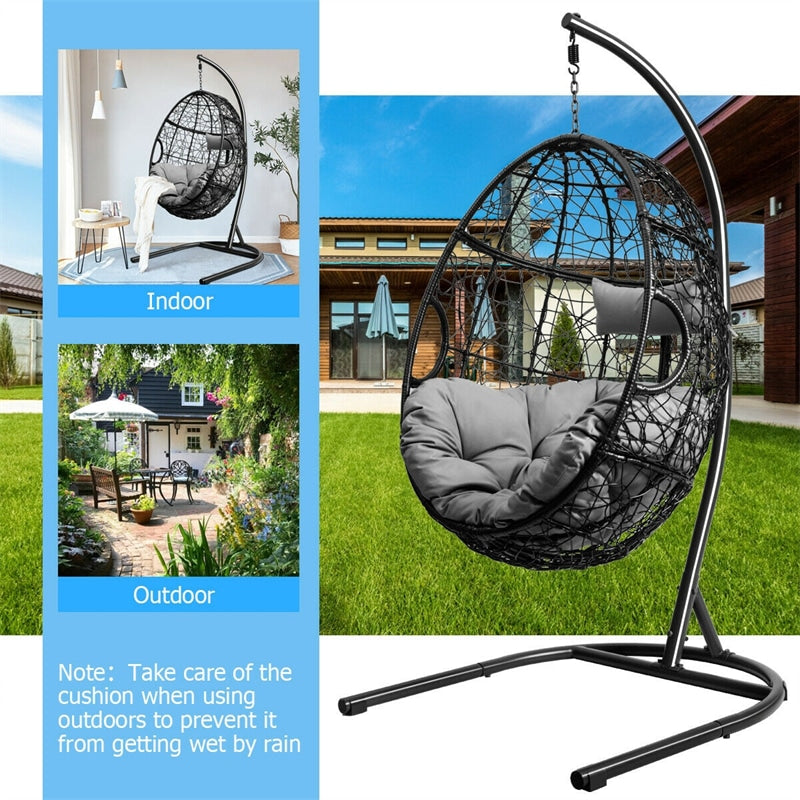 Outdoor Hanging Egg Chair Patio Swing Chair with C Hammock Stand and Soft Cushion