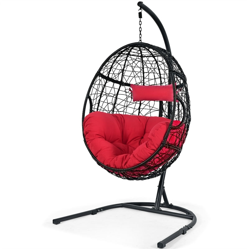 Outdoor Hanging Egg Chair Patio Swing Chair with C Hammock Stand and Soft Cushion