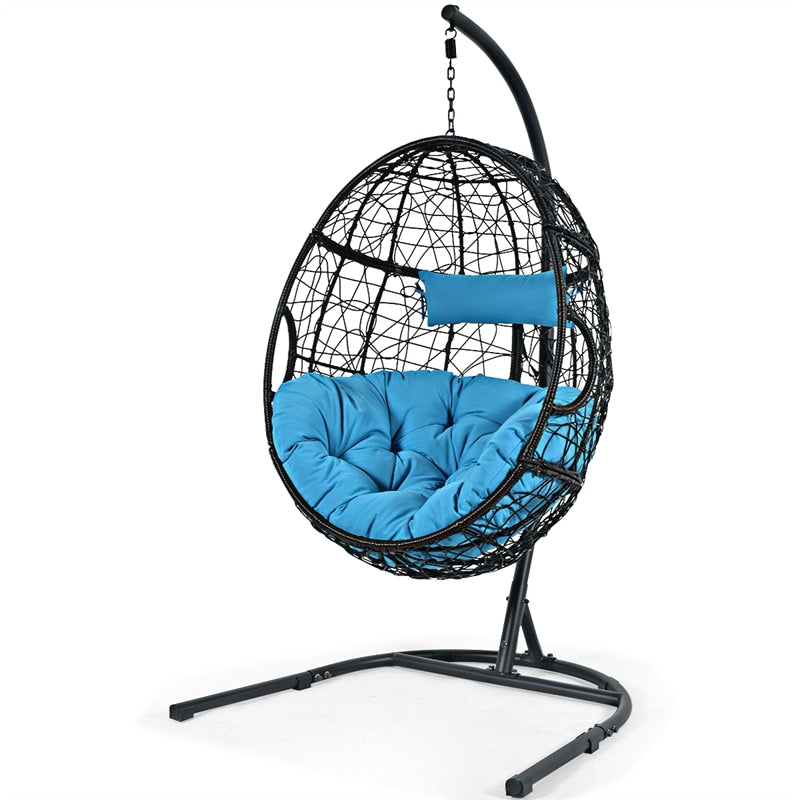 Outdoor Hanging Egg Chair Patio Swing Chair with C Hammock Stand and Soft Cushion