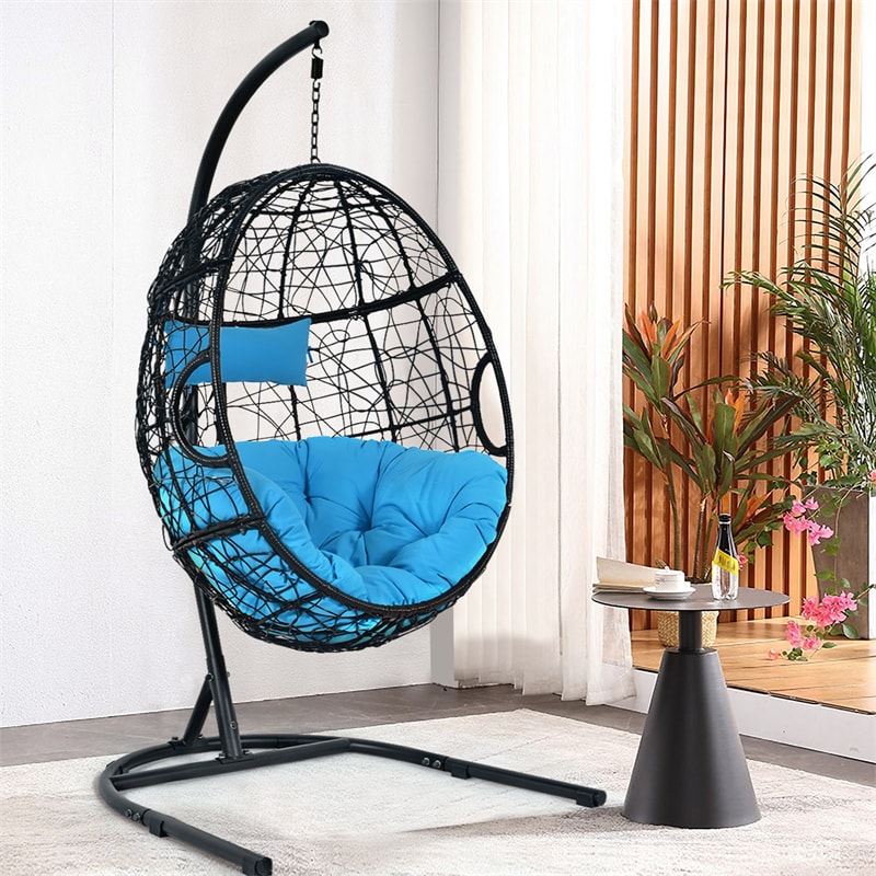 Outdoor Hanging Egg Chair Patio Swing Chair with C Hammock Stand and Soft Cushion