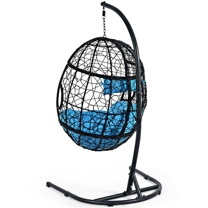 Outdoor Hanging Egg Chair Patio Swing Chair with C Hammock Stand and Soft Cushion