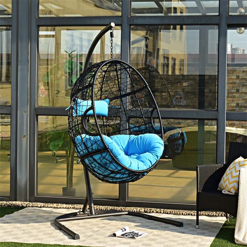 Outdoor Hanging Egg Chair Patio Swing Chair with C Hammock Stand and Soft Cushion