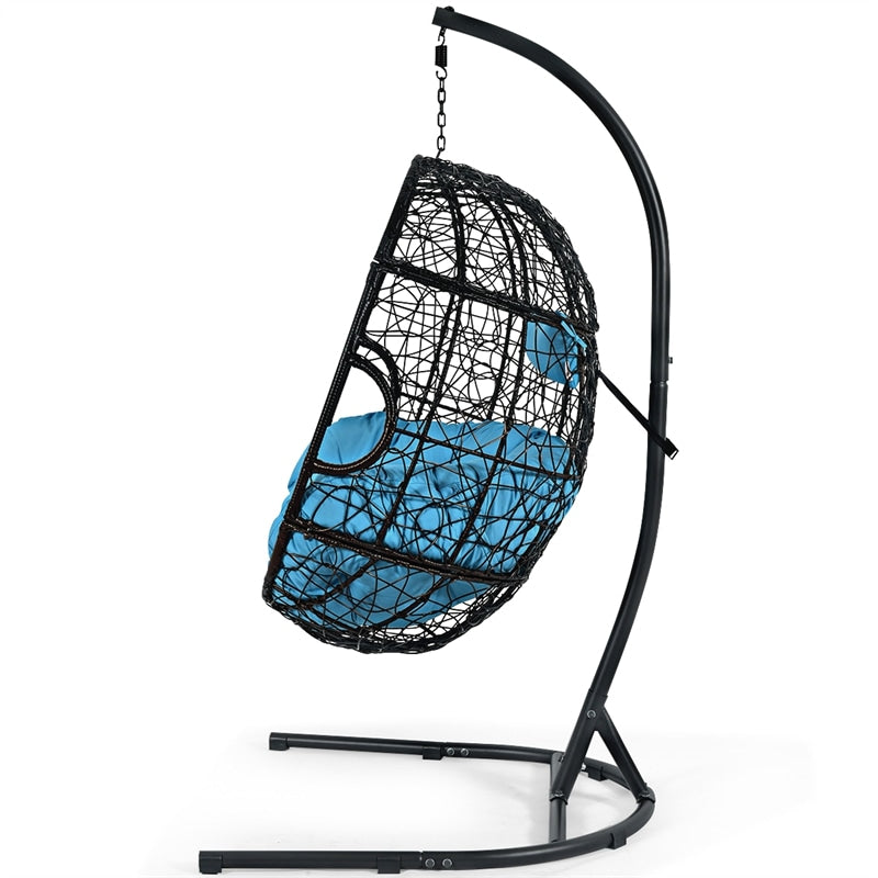 Outdoor Hanging Egg Chair Patio Swing Chair with C Hammock Stand and Soft Cushion
