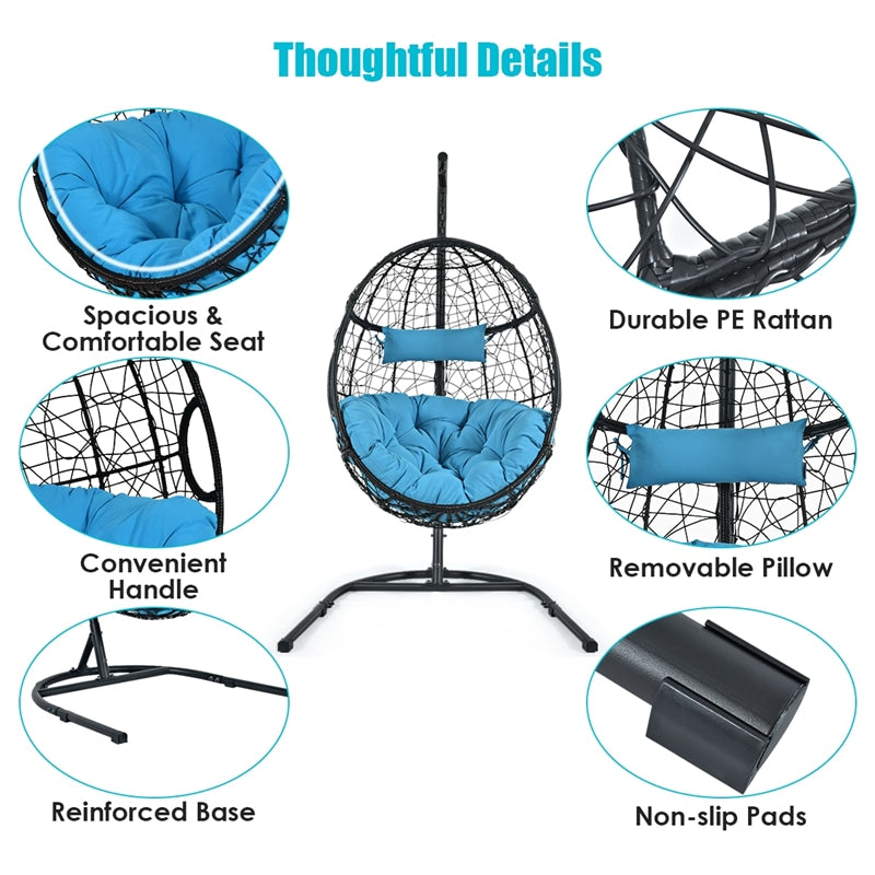 Outdoor Hanging Egg Chair Patio Swing Chair with C Hammock Stand and Soft Cushion