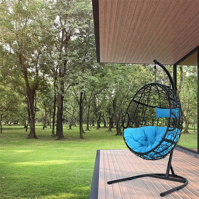 Outdoor Hanging Egg Chair Patio Swing Chair with C Hammock Stand and Soft Cushion