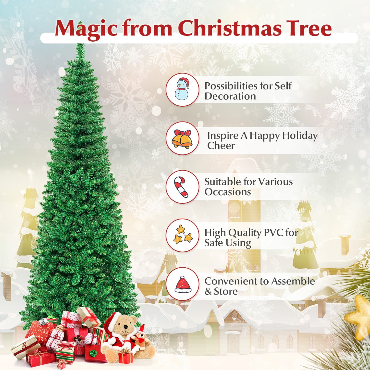 1.98/2.29 M Artificial Pencil Christmas Tree with Tips and LED Lights