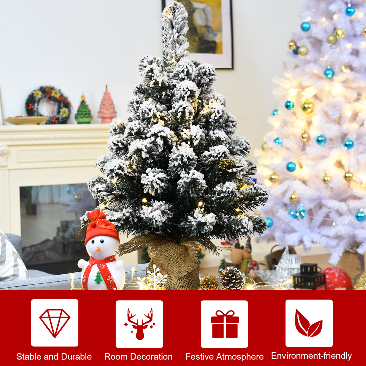 67cm Pre-Lit Snow Flocked Tabletop Christmas Tree with 8 Flash Modes