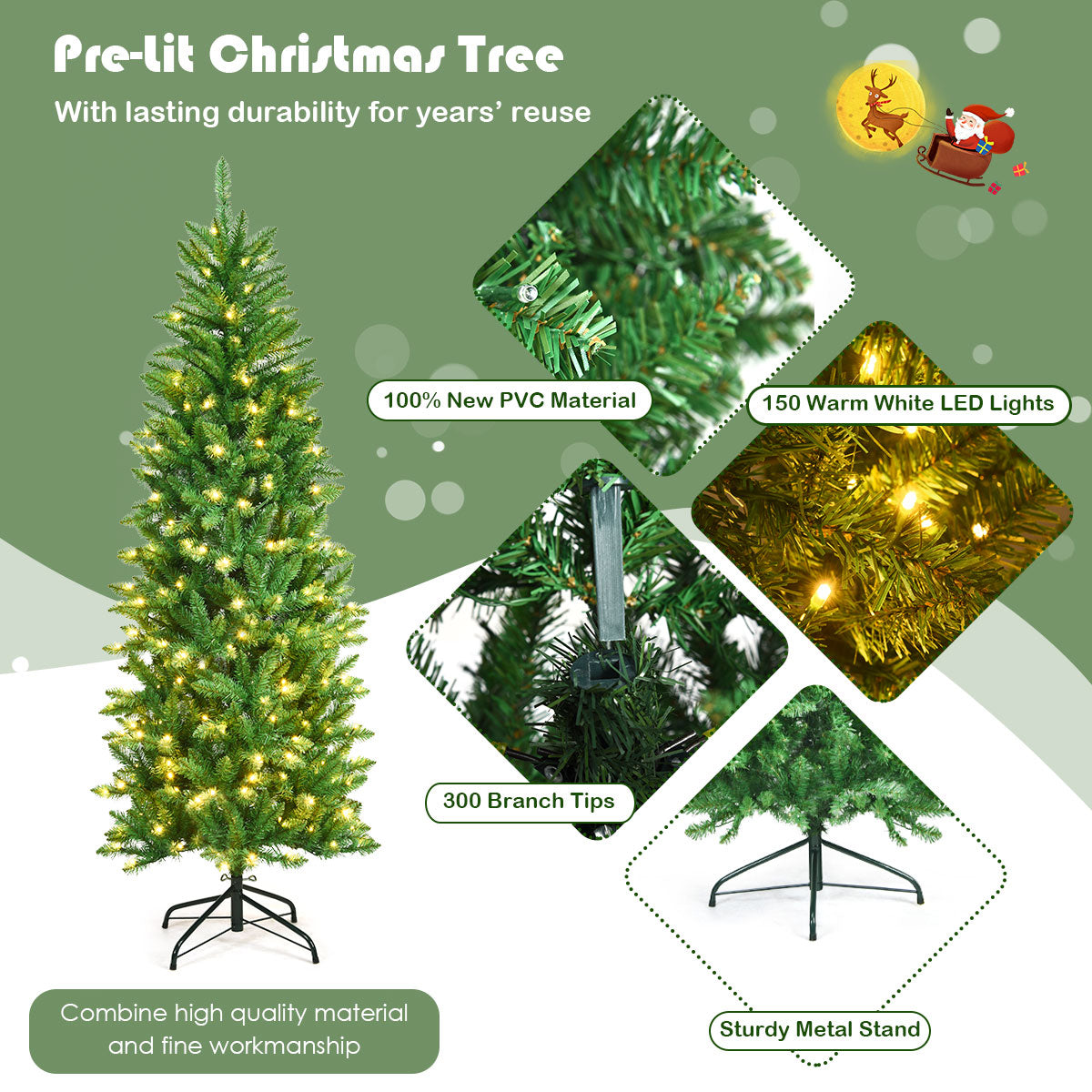 1.5M/1.8M/2.1M Artificial Pencil Christmas Tree with Warm White UL-listed Lights for Decorations