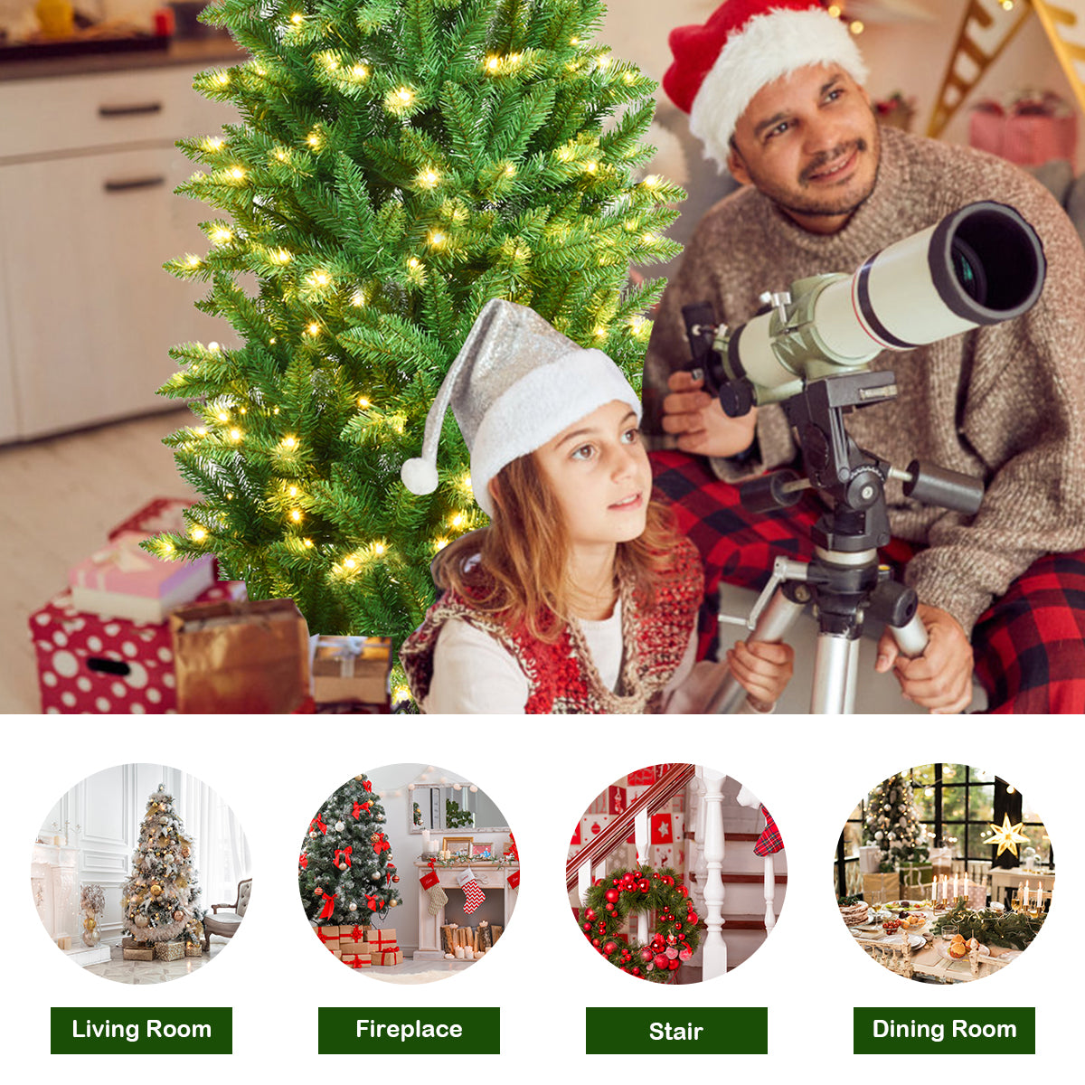 1.5M/1.8M/2.1M Artificial Pencil Christmas Tree with Warm White UL-listed Lights for Decorations