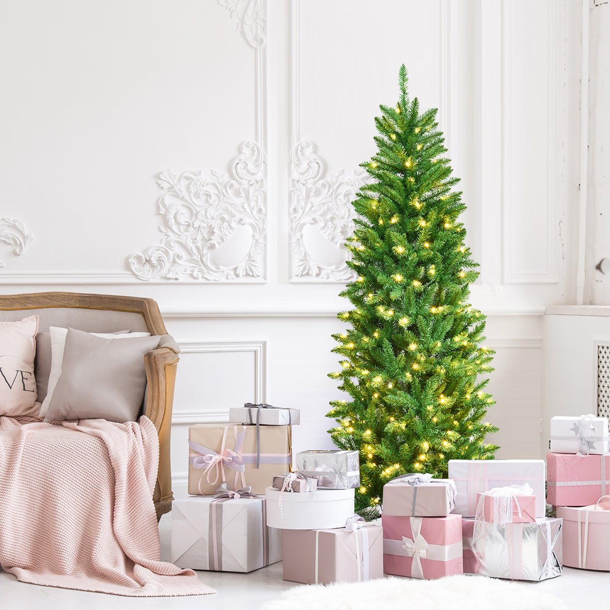 1.5M/1.8M/2.1M Artificial Pencil Christmas Tree with Warm White UL-listed Lights for Decorations