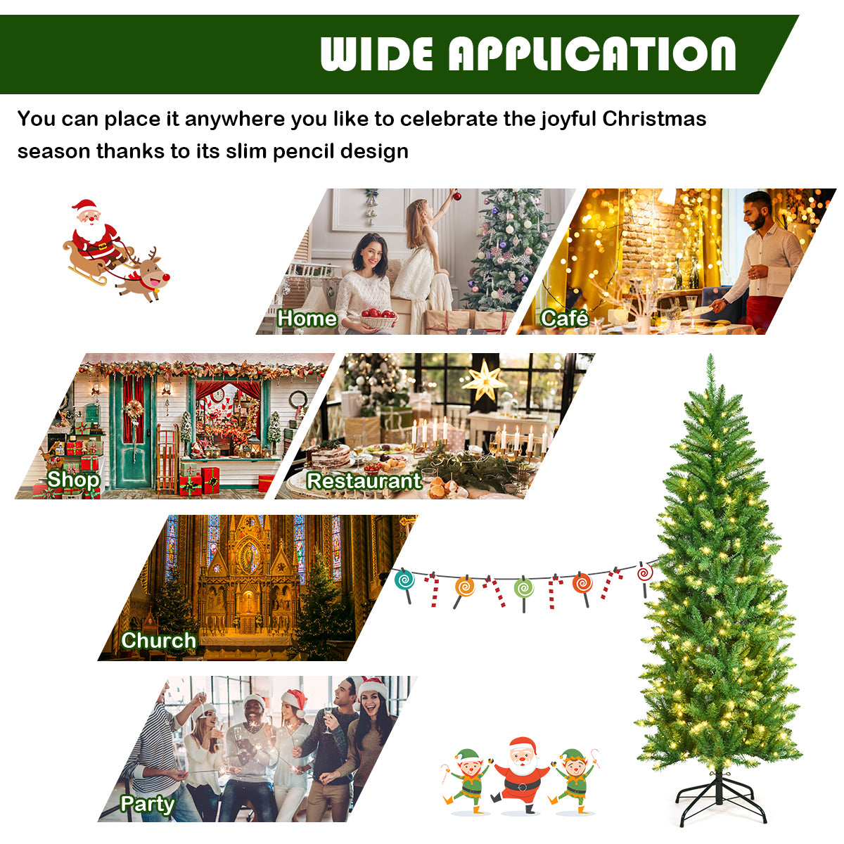 1.5M/1.8M/2.1M Artificial Pencil Christmas Tree with Warm White UL-listed Lights for Decorations
