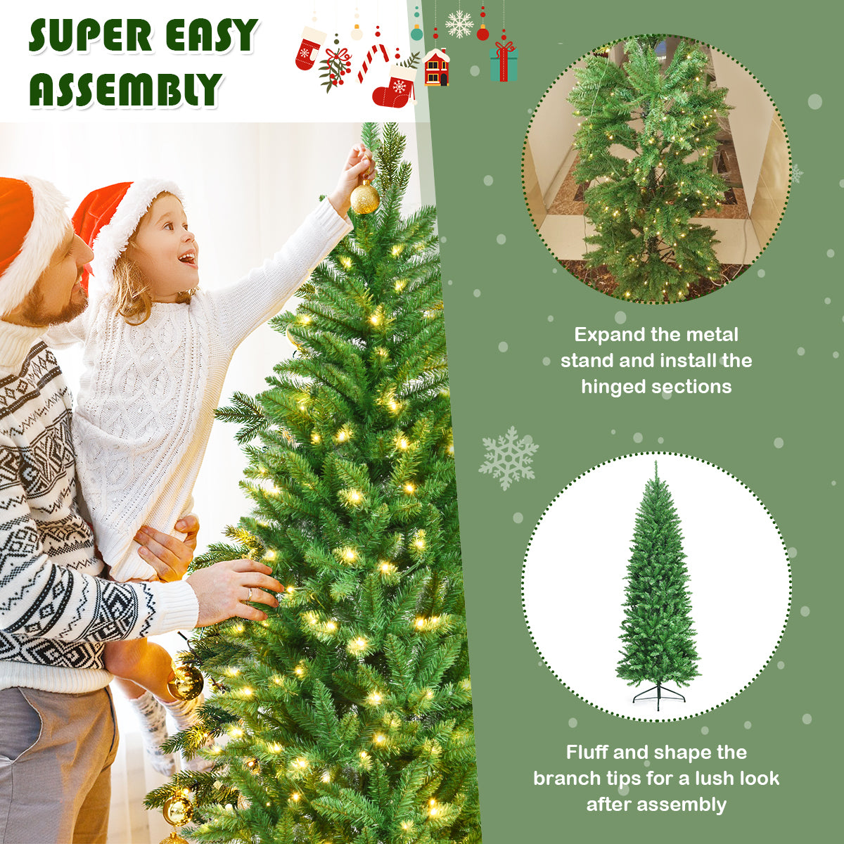 1.5M/1.8M/2.1M Artificial Pencil Christmas Tree with Warm White UL-listed Lights for Decorations