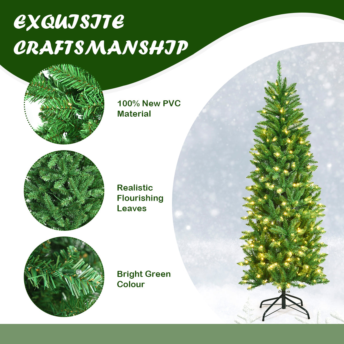1.5M/1.8M/2.1M Artificial Pencil Christmas Tree with Warm White UL-listed Lights for Decorations