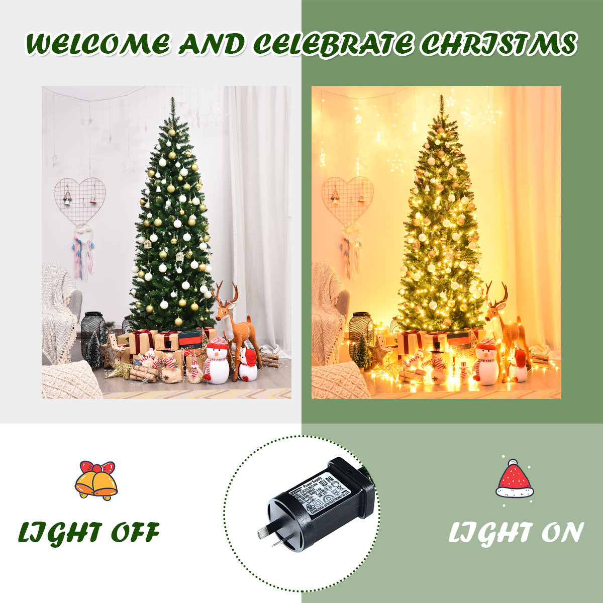 1.5M/1.8M/2.1M Artificial Pencil Christmas Tree with Warm White UL-listed Lights for Decorations