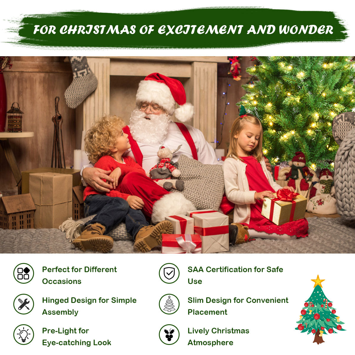 1.5M/1.8M/2.1M Artificial Pencil Christmas Tree with Warm White UL-listed Lights for Decorations