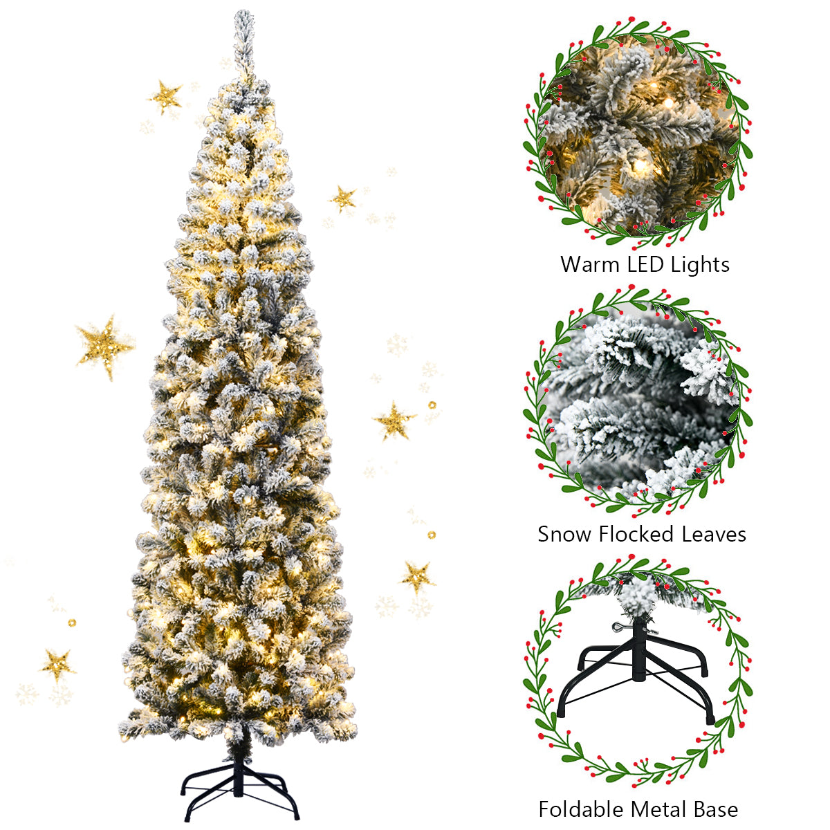 Pre Lit Snowy Slim Snow Flocked Christmas Tree for Home Decoration
