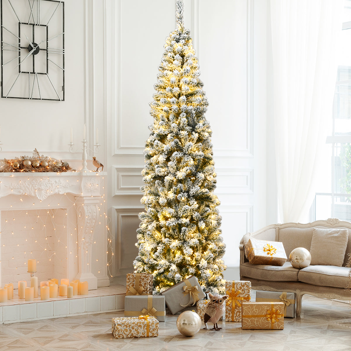 Pre Lit Snowy Slim Snow Flocked Christmas Tree for Home Decoration