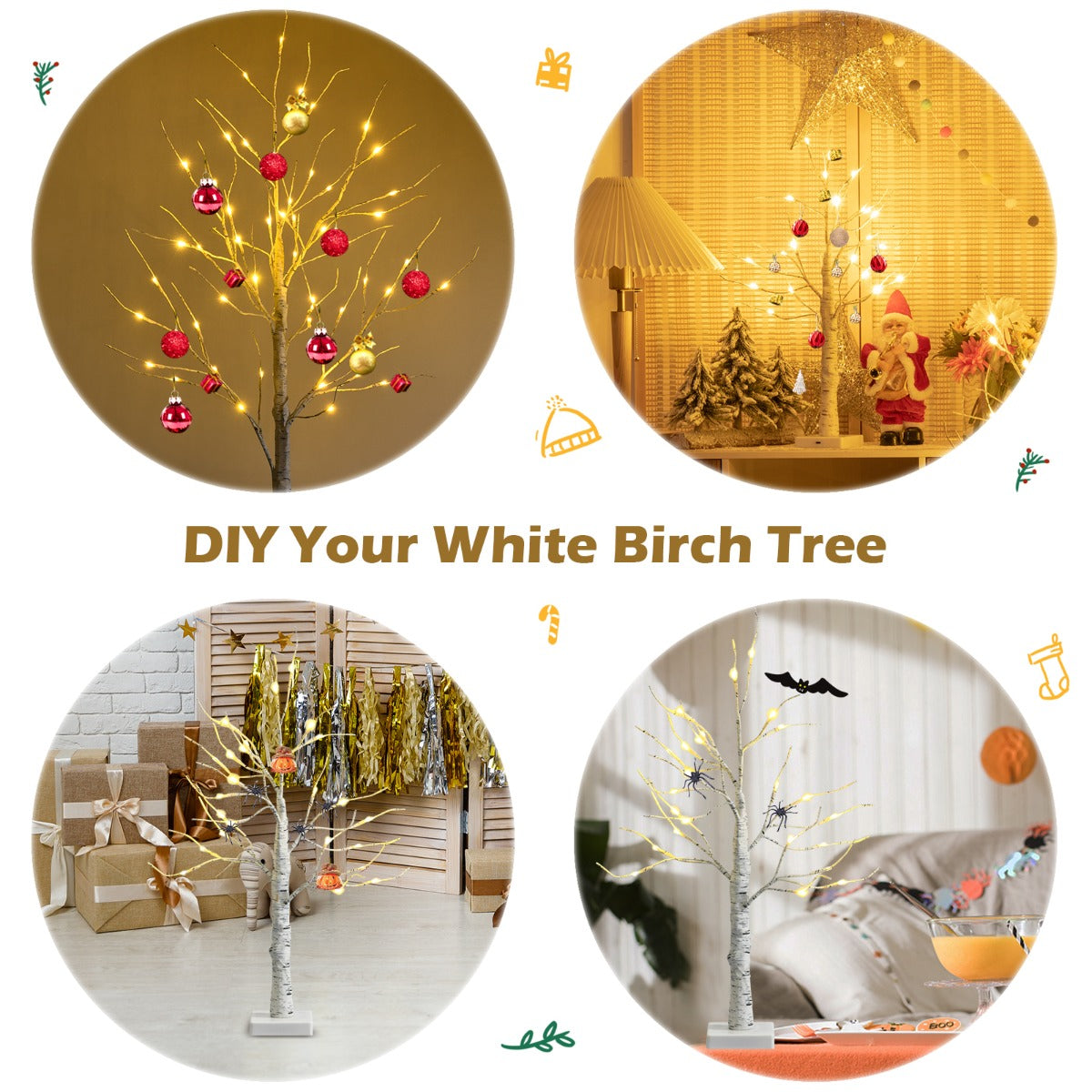 Lighted Tabletop Artificial Twig Birch Tree with 24 Warm White LED Lights for Christmas