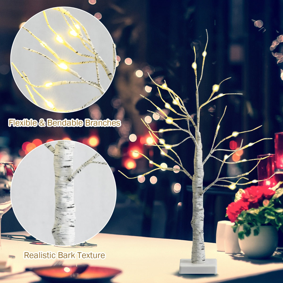 Lighted Tabletop Artificial Twig Birch Tree with 24 Warm White LED Lights for Christmas