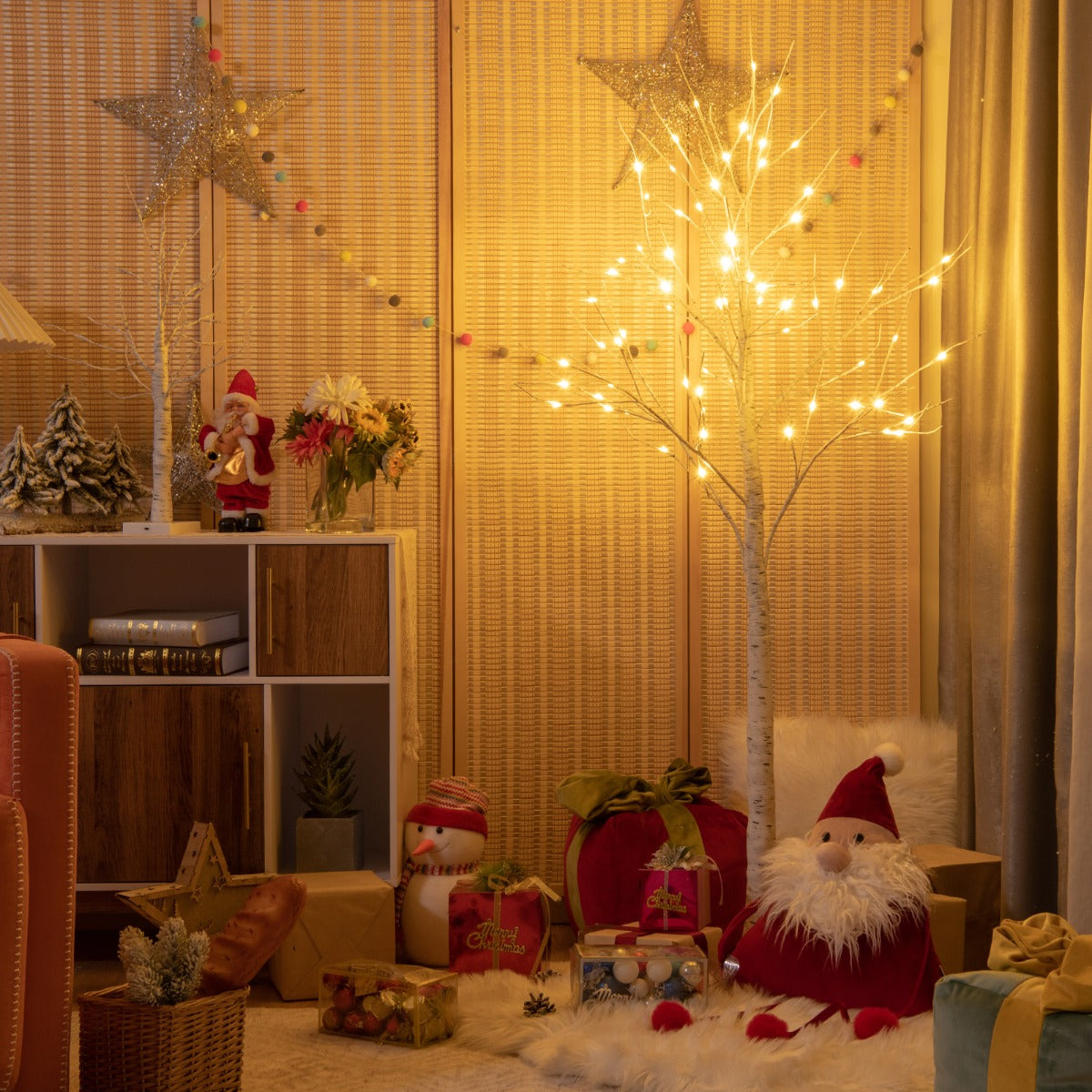 1.5/1.8 M Artificial Twig Birch Tree with 72/96 Warm White LED Lights for Christmas