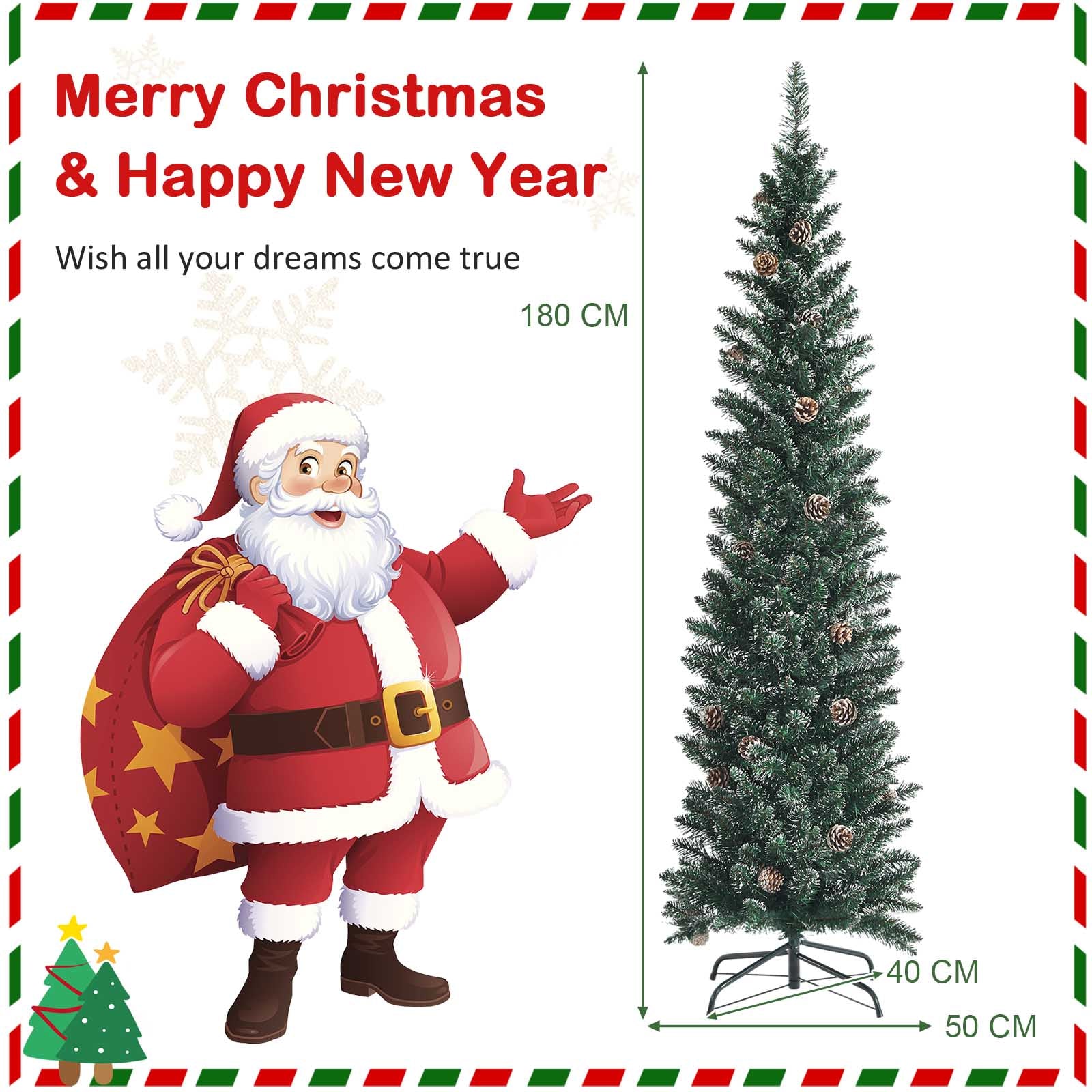 1.5 m/1.8 m/2.1m Artificial Slim Christmas Tree W/ Pine Cones & Snowy Branch Tips