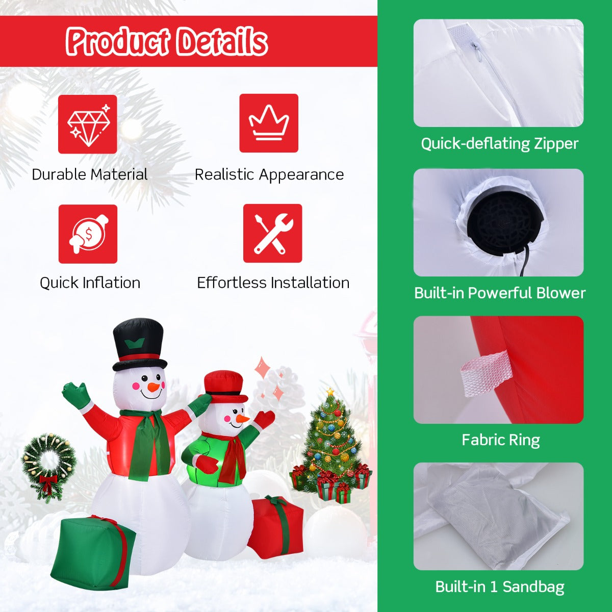 1.82M & 1.52M Christmas Inflatable Snowmen with LED Lights