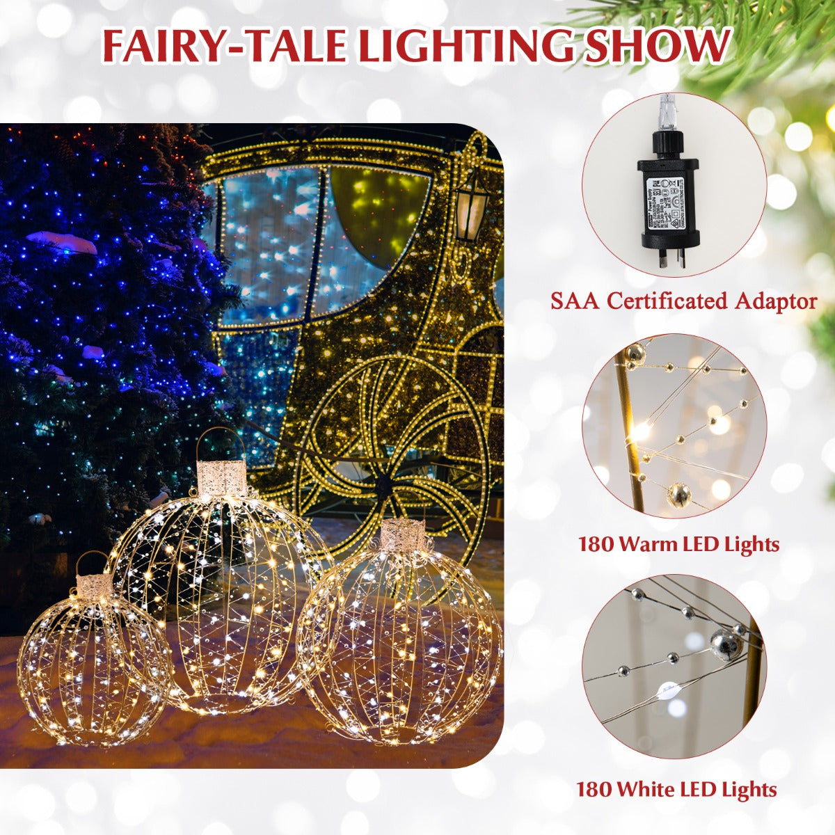 3 Pack Christmas LED Light Balls with 180 Warm Light & 180 White Light