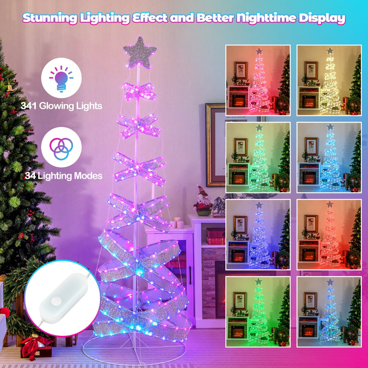 210 cm Outdoor Spiral Christmas Tree with 341 LED Lights for Party