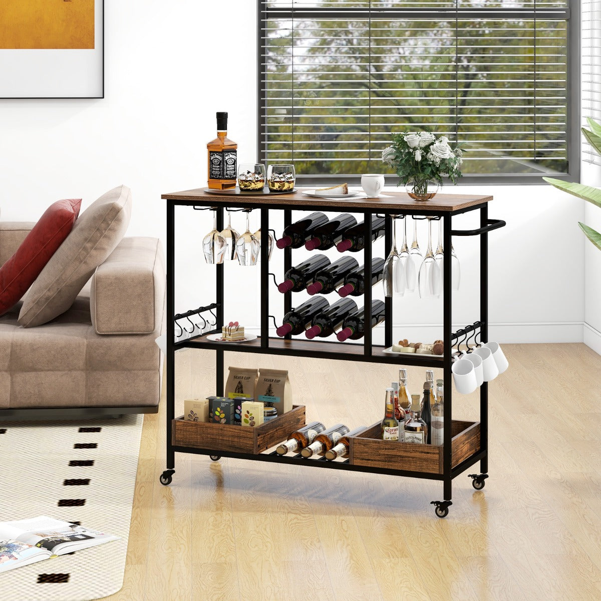Home Serving Cart on Wheels with Glass Racks for Kitchen Dining Room and Living Room-Rustic Brown