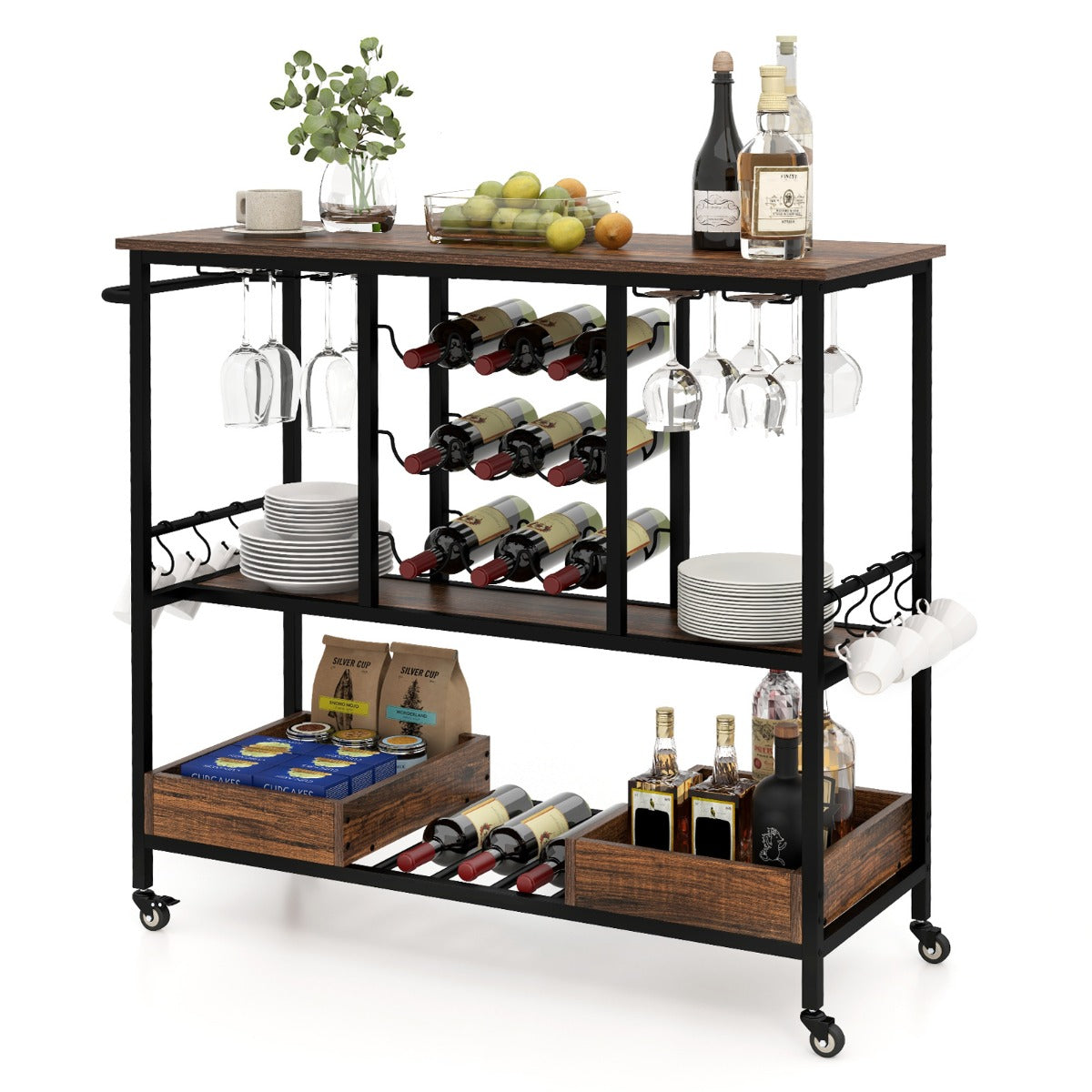 Home Serving Cart on Wheels with Glass Racks for Kitchen Dining Room and Living Room-Rustic Brown