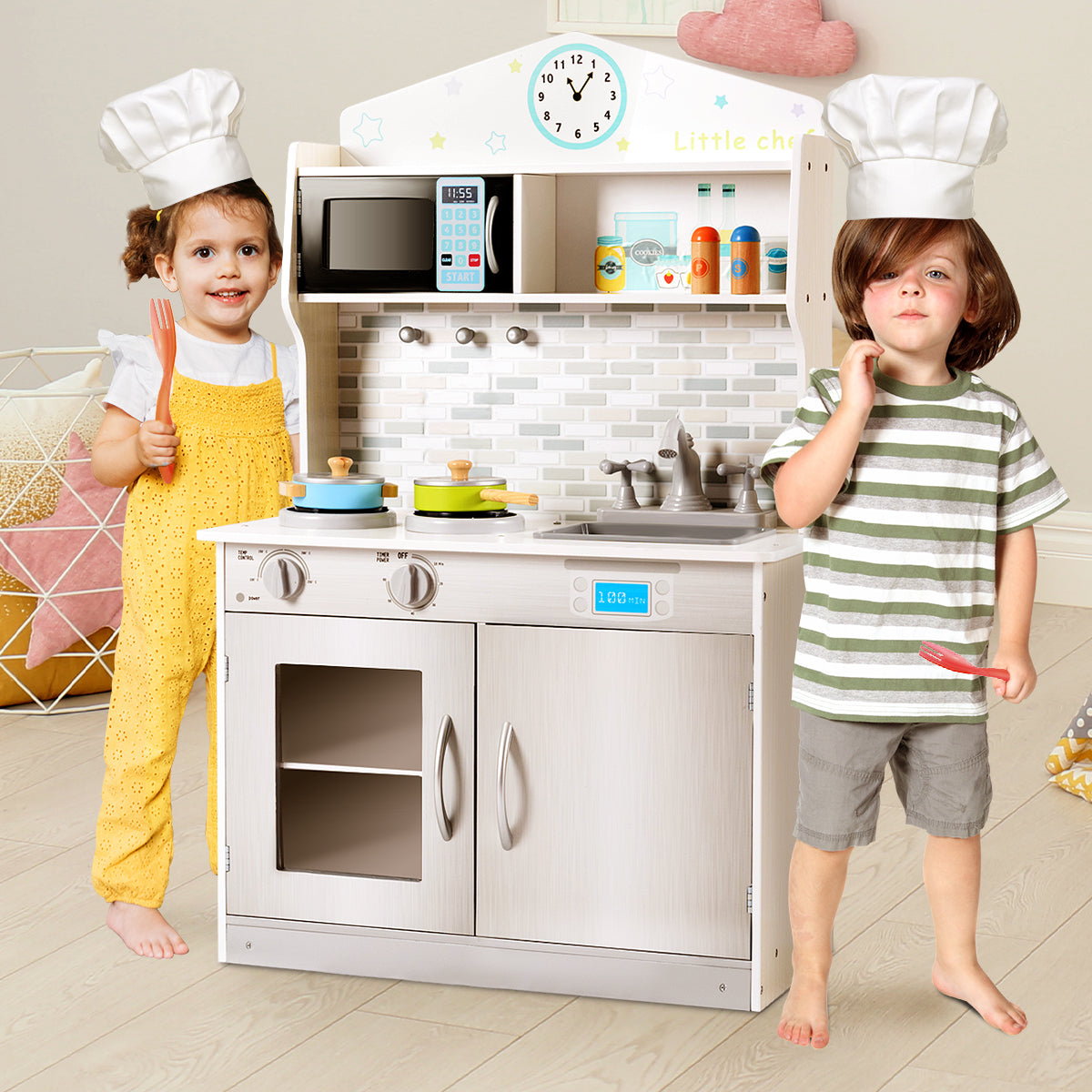 Wooden Toy Kitchen Playset with Microwave for Age 3+