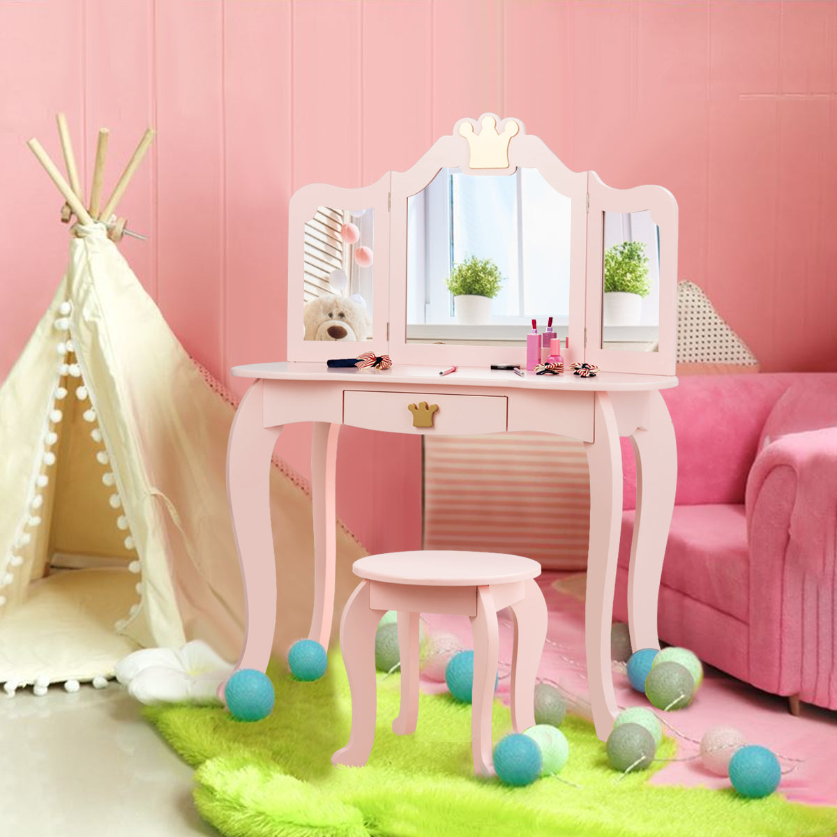 Kids Vanity Table and Chair Set with Drawer & Mirror for Girls