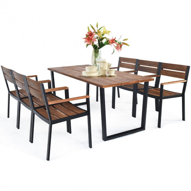 7 Pieces Outdoor Patio Acacia Wood Dining Table Set with Umbrella Hole