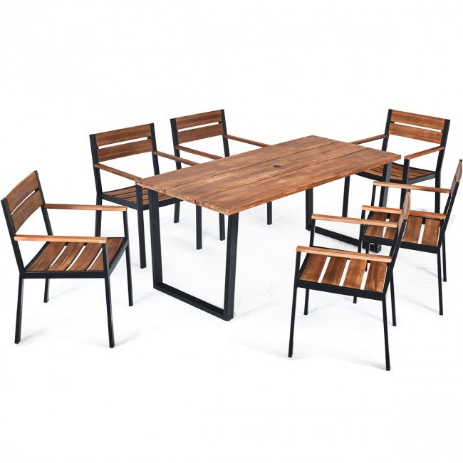 7 Pieces Outdoor Patio Acacia Wood Dining Table Set with Umbrella Hole