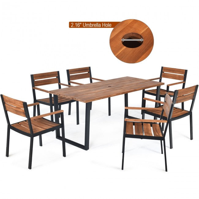 7 Pieces Outdoor Patio Acacia Wood Dining Table Set with Umbrella Hole