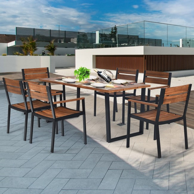 7 Pieces Outdoor Patio Acacia Wood Dining Table Set with Umbrella Hole