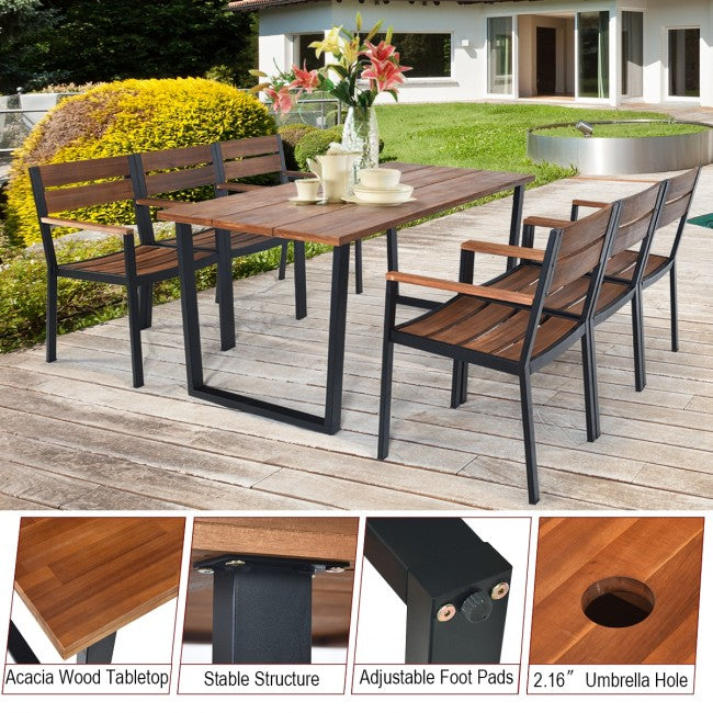 7 Pieces Outdoor Patio Acacia Wood Dining Table Set with Umbrella Hole