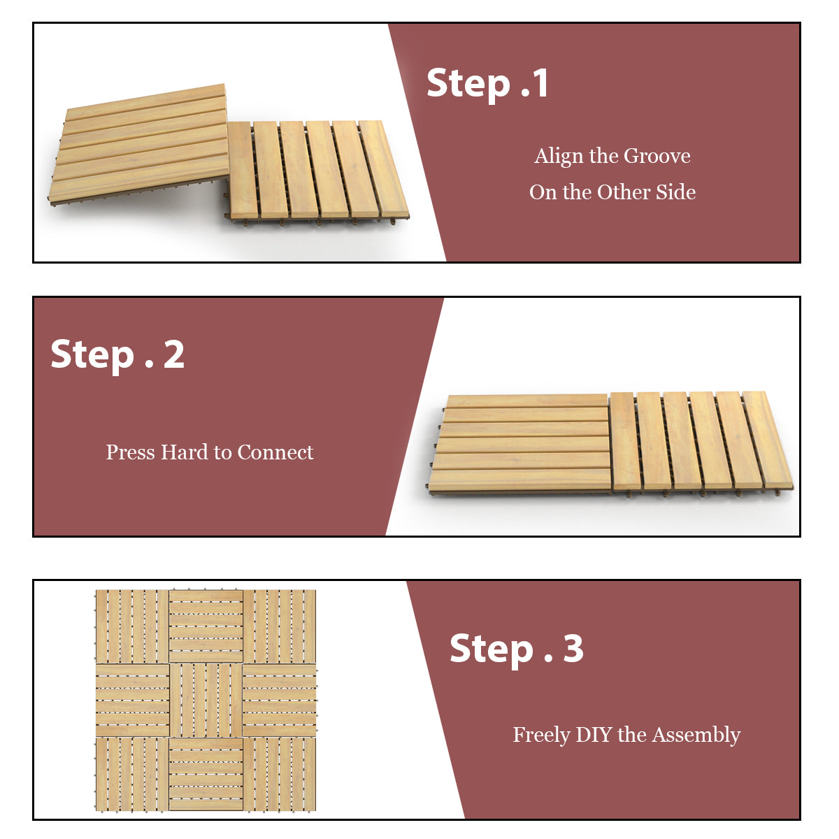 30*30cm 10-Pack Acacia Wood Flooring Deck Tiles for Indoor & Outdoor