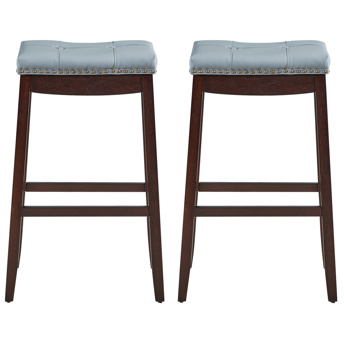 74cm Backless Nailhead Bar Stool with Natural Rubber Wood Legs for Dining Room