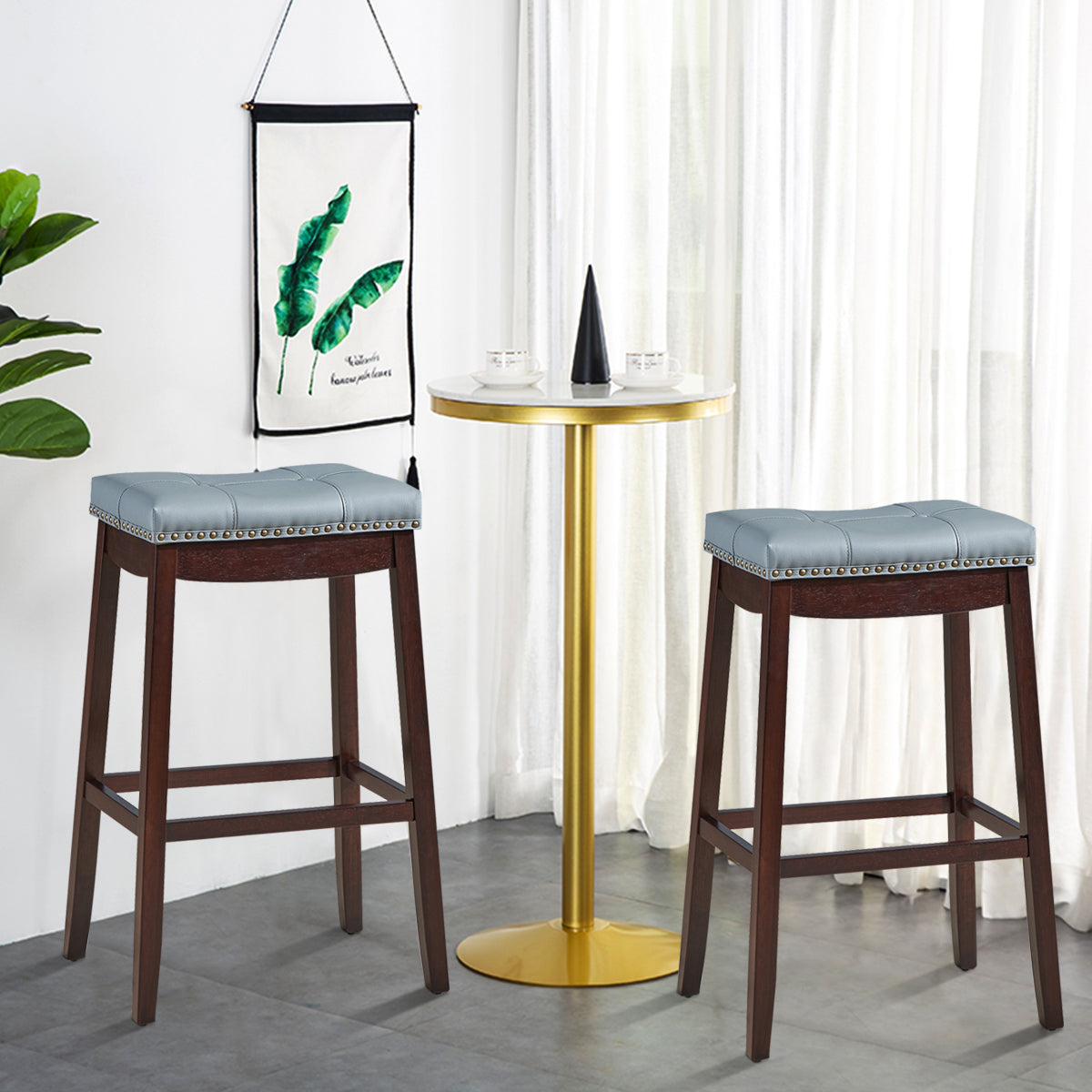 74cm Backless Nailhead Bar Stool with Natural Rubber Wood Legs for Dining Room